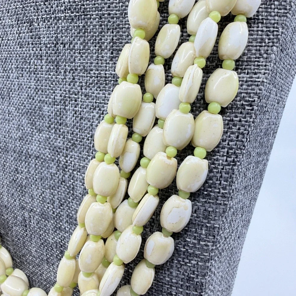 Cream Lime Green Multistrand Beaded Necklace Long Layered Chunky Boho Statement